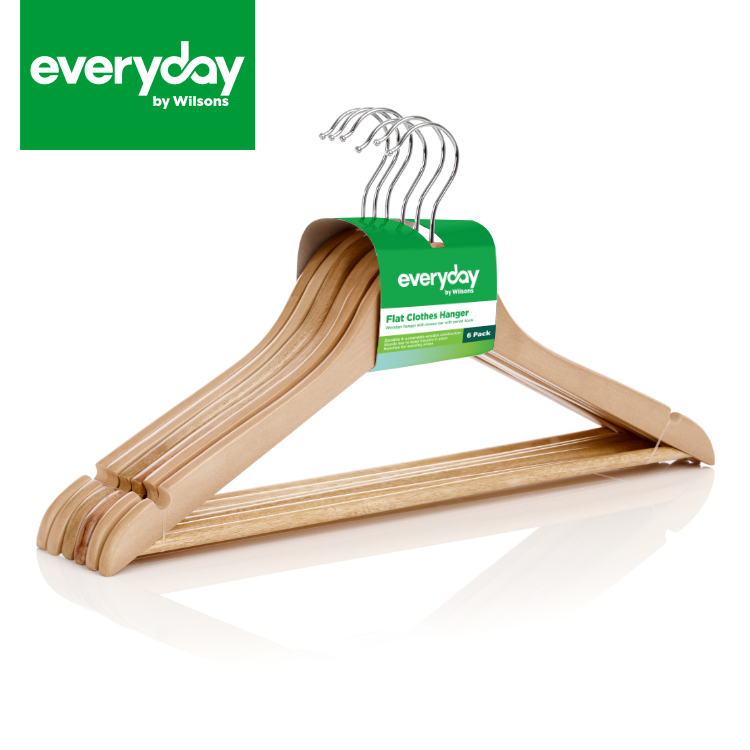 Everyday by Wilsons Wooden Flat Hanger with Trouser Bar 6pk