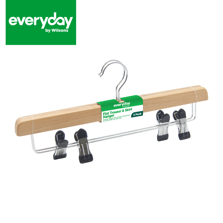 Everyday by Wilsons Wooden Trouser and Skirt Hanger with Metal Drop Bar and Soft Grip Clips 2pk