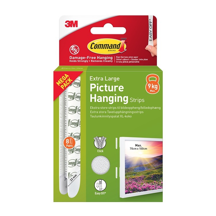 17217WHI-8-UKN-VP  Command X-Large Picture Hanging Strips White Value Pack 9kg 8pk