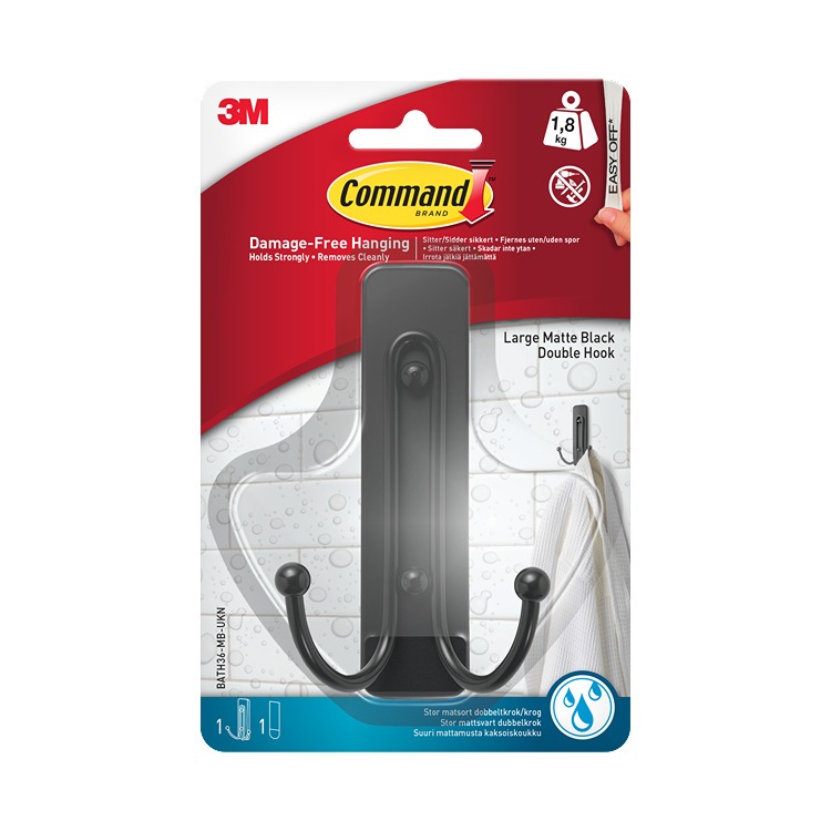 BATH36 Command Bathroom Large Double Bath Hook Matte Black